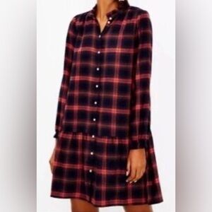 LOFT Plaid Flannel Shirt Dress Ruffle Collar Long Sleeve Swing Dress XS